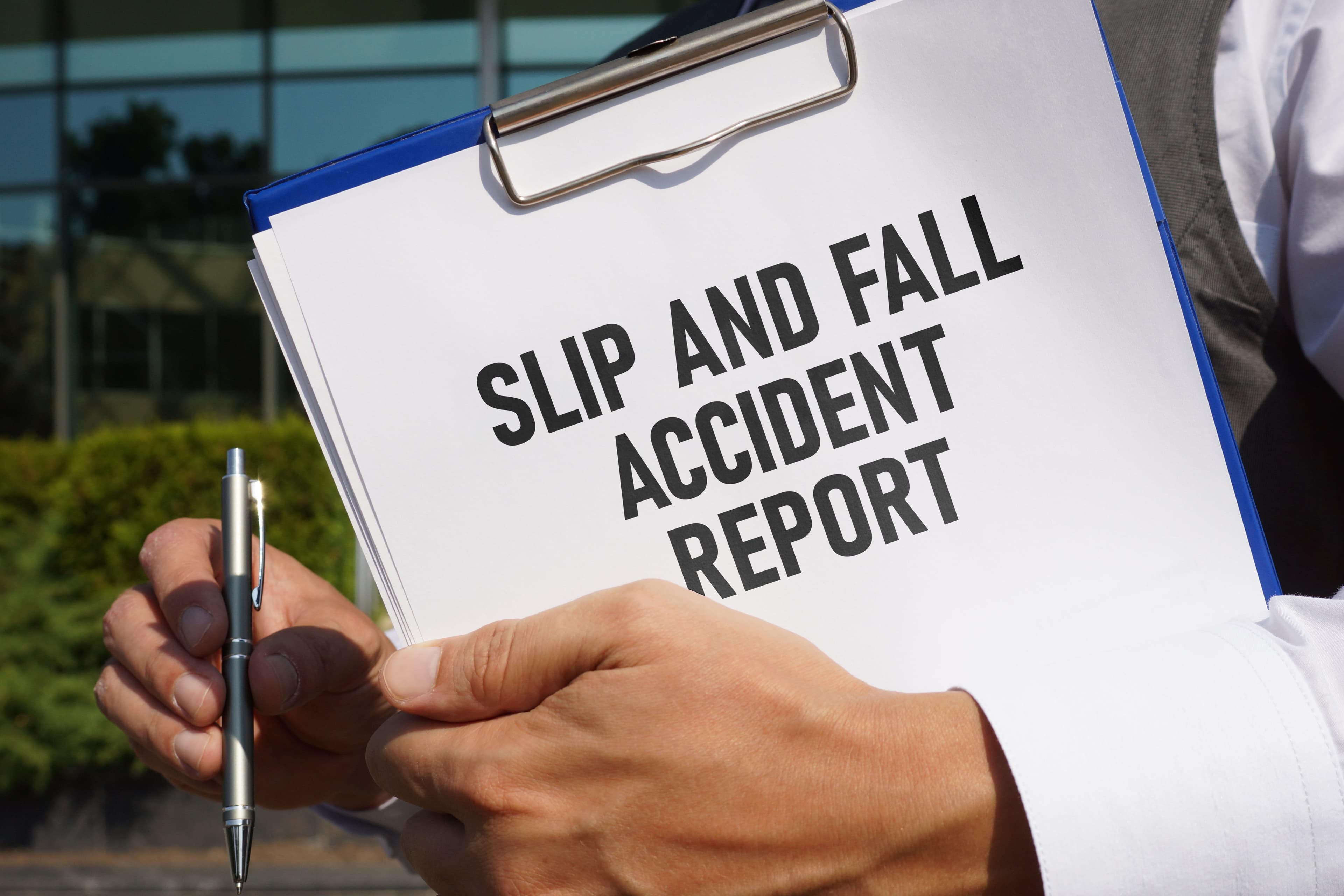 Person holding a clipboard with a document titled "Slip and Fall Accident Report" outside a building, preparing to detail a Wisconsin Slip-and-Fall incident with pen in hand.